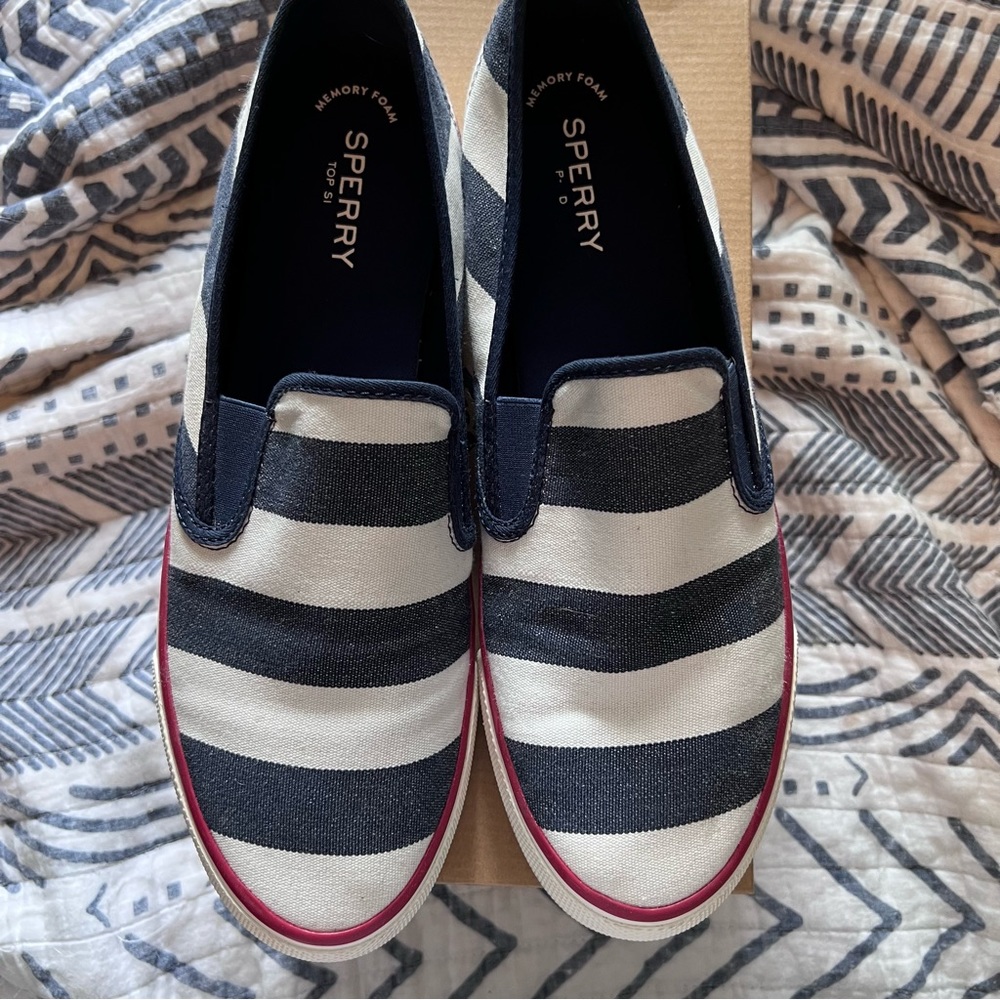 Navy and white striped sperrys
